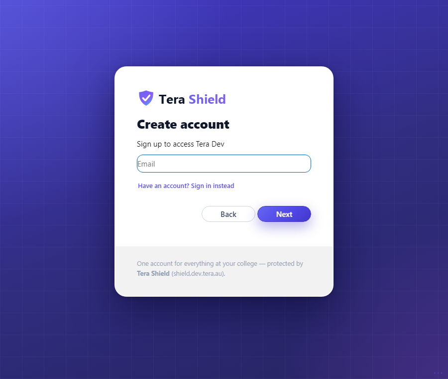 The Tera Shield sign-in page at shield.tera.au